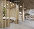modern interior with wooden walls, white ceiling, white floor, white couch, dining tables, chairs, plants