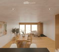 Dining room with wooden table, chairs, and a painting on the wall. A couch and a TV are in the living room. A carpet is on the floor. The room has a glass window with a view of the outside.
