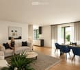 modern living room, white walls, wooden floor, large windows, dining table, couch, lamps, artwork
