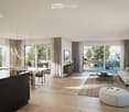 Open plan living and dining area with large windows, modern kitchen, balcony, living room with sofa, coffee table, rug, and artwork
