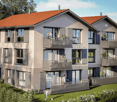 Building. Modern multi-story residential building with balconies, large windows, and a red-tiled roof.