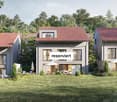 Three houses, red roofs, large windows, balconies, outdoor seating, umbrellas, garden, trees