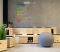 Furnished Room. Modern reception area with a wooden cabinet, a large grey exercise ball, a potted plant, and motivational text on the wall.