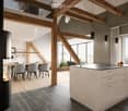 Furnished Room. Open-plan living and dining area with a fireplace, dining table, chairs, and a modern kitchen island.