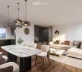 Modern living and dining area with a white sofa, coffee table, dining table with chairs, pendant lights, and a floor lamp. The space features a sleek design with a mix of white and dark wood finishes.