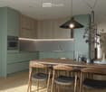 Modern kitchen with wooden dining table, four chairs, built-in oven, pendant light, and decorative vase on the table.