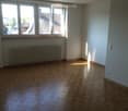 Empty room with wooden parquet flooring, white walls, large windows, radiator, and a single light fixture.
