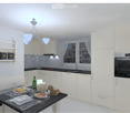 Modern kitchen with white cabinets, black countertops, a central island, and a dining area. Features include a chandelier, built-in oven, and decorative items on shelves.