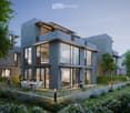 Modern two-story residential building with large glass windows and balconies, surrounded by a landscaped garden with seating area and people enjoying the space.