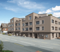 Building: Residential complex, balconies, modern architecture, ground floor shops, mountain view, city backdrop