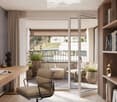 Office with wooden desk, chair, bookshelf, plants, sliding glass door to balcony