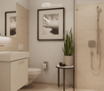 Modern bathroom with shower, toilet, sink, and potted plant.