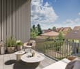 Balcony with a view, round tables, wicker chairs, plants, sofa, pillows