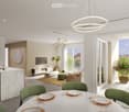 modern kitchen, dining area, living room, balcony, large windows, modern furniture