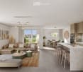 modern design, large windows, balcony, sofa, coffee tables, rug, pendant lights