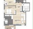 Floor Plan. Layout includes a kitchen/living area (34.0m²), two bedrooms (13.0m² and 13.3m²), a bathroom (7.5m²), a small closet (1.9m²), an entrance (7.4m²), and a covered balcony (10.0m²).