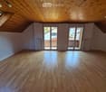 empty room, wooden floor, wooden ceiling, sliding glass doors, balcony, radiators