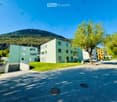 Modern apartment buildings with green facades, surrounded by greenery and a mountain in the background.