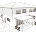 A two-story house with a flat roof, multiple windows, and a covered patio area with small plants.