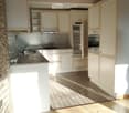 Bright kitchen with white cabinets, stainless steel appliances, and a stone-tiled backsplash. Features a central island with a sink and faucet, and a built-in oven with a microwave above it.