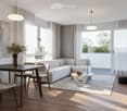 Modern living room with a white sectional sofa, a dark wooden dining table with four chairs, a white coffee table, a floor lamp, and a TV stand with a screen. The room features large windows with sheer curtains, a painting on the wall, and a vase with dri