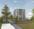 Modern multi-story apartment building with balconies, surrounded by greenery and pathways.