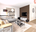 Modern living room with a grey sectional sofa, a glass coffee table, a floor lamp, a wall-mounted TV, a round mirror, and decorative shelves.