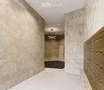 Marble walls, white floor, ceiling lights, storage boxes