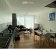 Open-plan living and dining area with a sofa, coffee table, dining table, chairs, kitchen cabinetry, and a sink.