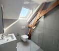 Modern bathroom with grey tiles, a white sink, a toilet, and a large skylight above the shower area.