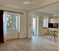 Open-plan living and dining area with wooden flooring, large windows, sliding glass doors, and a small kitchen area with cabinets and a sink.