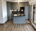 Modern kitchen with grey cabinetry, a central island, and wooden flooring. Features include a sink with a modern faucet and built-in lighting.
