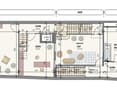 Floor plan of the upper level showing living areas, bedrooms, bathrooms, and a shared courtyard.