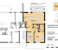 Floor plan of a ground floor apartment labeled 'Wohnung B2 Erdgeschoss' showing living room, kitchen, two bedrooms, bathroom, hallway, and storage area.