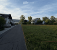 Residential street with houses, parked cars, and a grassy area with wildflowers on the right side.