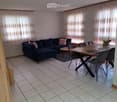 Living and dining area with a dark blue sectional sofa, pink cushions, a small coffee table, a modern dining table with chairs, and a potted plant near the window.