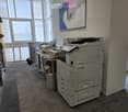 Office space with a large printer, table, keyboard, screen, chair, and plant near large windows.