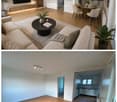 Modern living room with a sofa, coffee table, dining area, and kitchen. Features wooden flooring, large windows, and contemporary decor.