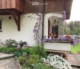 A well-maintained garden with a variety of flowers, shrubs, and a small tree with purple blossoms. The garden features a stone pathway, decorative rocks, and a wooden deck with potted plants and hanging baskets.