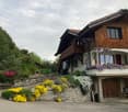 Two-story house with wooden balcony, stone walls, and colorful flowers in the garden.
