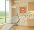 Modern dental office with a white dental chair, overhead light, dental instruments, a framed picture, and a small potted plant on a counter.