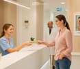 Modern medical office reception area with a clean, minimalist design. Features include a white reception desk, potted plants, framed artwork, and a digital temperature display on the wall.