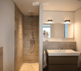 Modern bathroom with a large mirror, a single sink with a modern faucet, a shower area with a handheld showerhead, and a vanity cabinet. The walls are tiled in a light wood finish, and the floor is also wood-tiled.