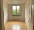 Empty room with light wooden flooring, white walls, a window with a view of greenery, and a radiator below the window.