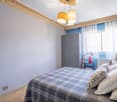 A modern bedroom with a grey plaid bedspread, white pillows, a grey wardrobe, a small table lamp, and a framed picture on a nightstand.
