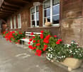 wooden building with wooden veranda, multiple large windows with white frames, white wooden bench on the veranda, hanging plants with red and white flowers, potted plant with red flowers, statue