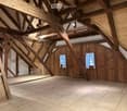 exposed wooden beams, wooden floor, 2 windows, two doors