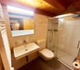 Modern bathroom with a sink, toilet, shower, and mirror. Features wooden ceiling and tiled walls.