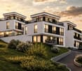 Modern two-story house with white exterior, black accents, multiple balconies, and large windows. The house is situated on a grassy hillside with a curved pathway leading to the entrance.