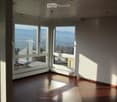 Empty room with wooden flooring, large windows offering a scenic view, and white walls.